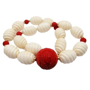 14K, Carved White Coral & Cinnabar Necklace